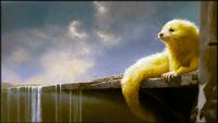 golden fox-worm-guy sitting on a ledge under clear sky