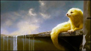 golden fox-worm-guy sitting on a ledge under clear sky