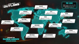 Star Wars Outlaws launch times graph showing console launch at 12am local time on August 30 for consoles and 12am regional time for PC.