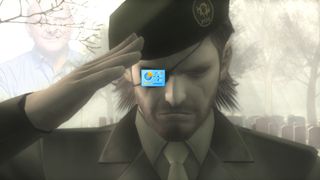 MGS3 Naked Snake salute scene from end of game with control panel logo over eyepatch and ghostly Steve Ballmer smiling in background