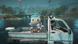 Disgraced Yakuza lieutenant Michizane Sugawara crosses a waterway in his modified Kei truck/boat while his severed toe mascot partner sits in the back.