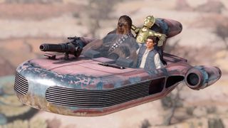 A landspeeder with Han, Chewbacca, and C3PO in it