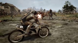 Kingmakers screenshot - guy on a dirtbike with an assault rifle shooting at a mounted knight